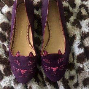 Used Charlotte Olympia Stud Purple Cat-Embroidered Flats with Pink Stitching 40